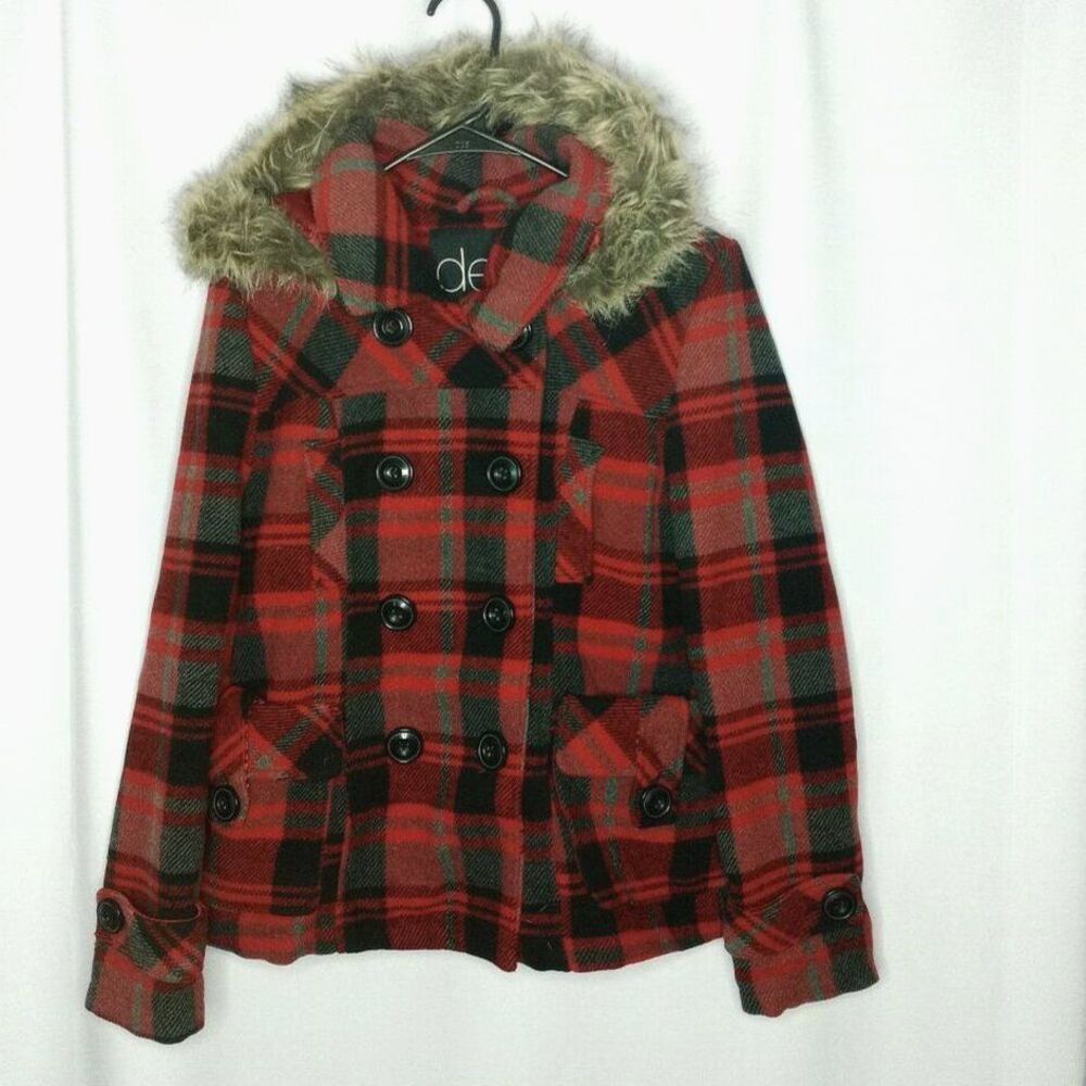 Deb Plaid Wool Blend Pea Coat Pockets Fur Trim Hood Double Breasted Womens Large